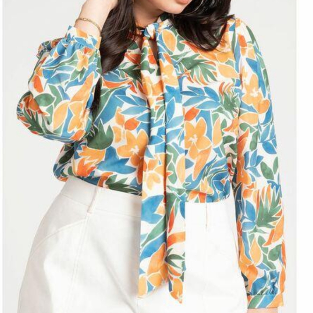 Eloquii Orange and Blue Tie Front Blouse